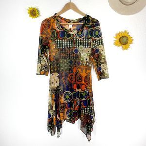 Mirror Image Colorful 3/4 Sleeved Boho Hippy Semi-sheer Dress Sz Small Women’s